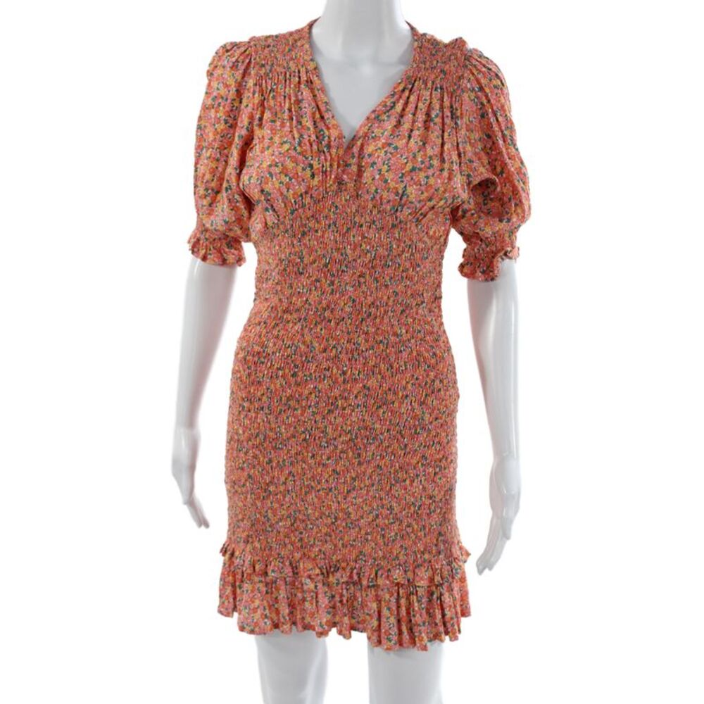 Faithfull The Brand Women Mini Floral Rayon V Neck Short Sleeve Dress Size 2